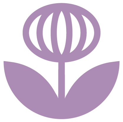Purple icon of a flower with two leaves