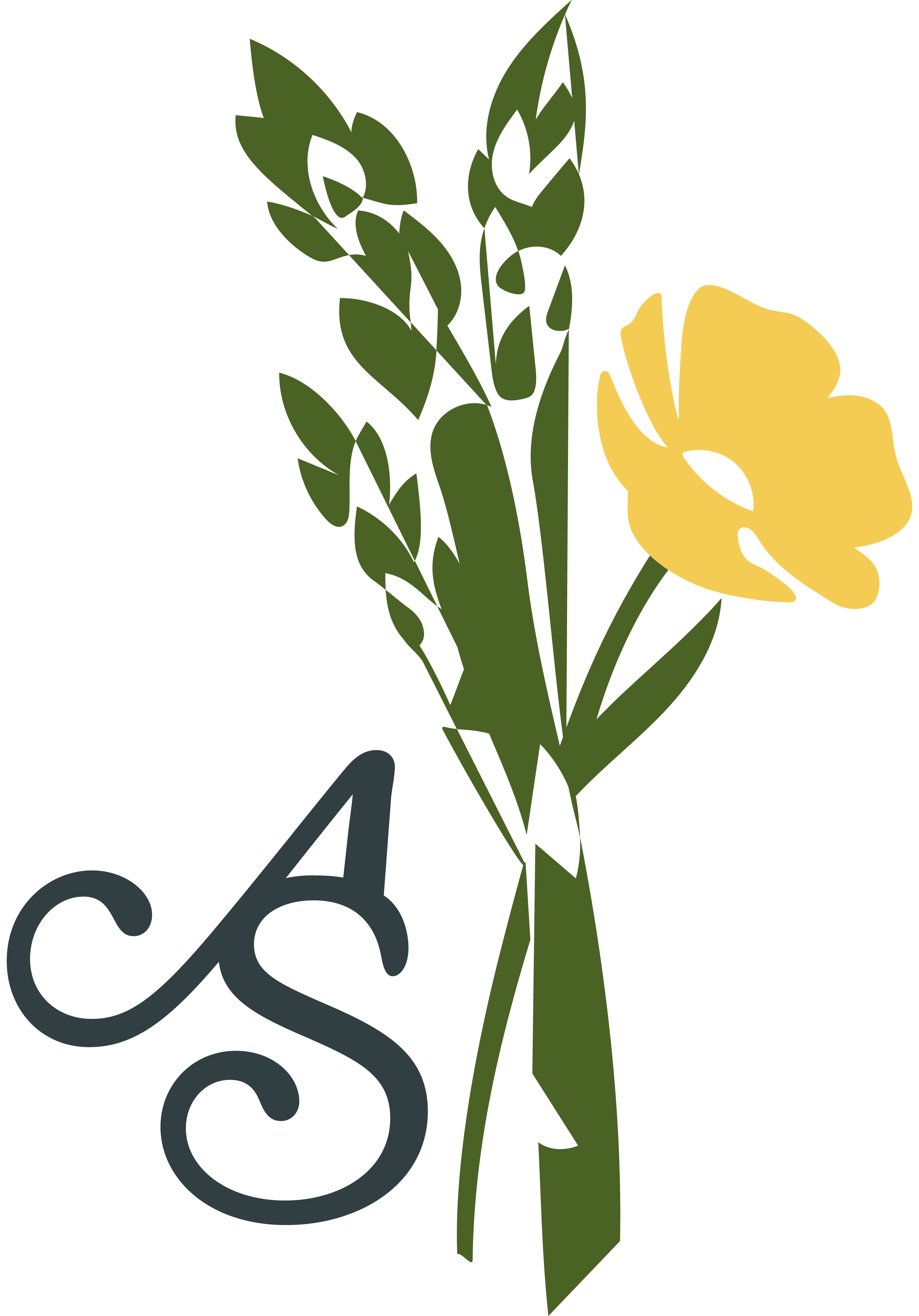 Bouquet of green leaves and a yellow flower with a decorative 'AS' monogram